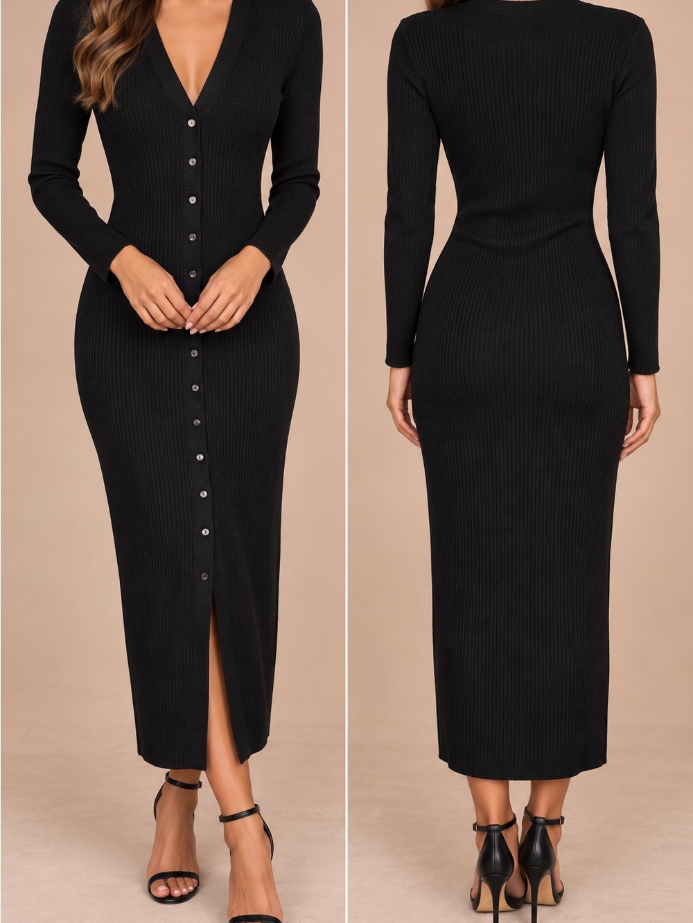 Veronica Beard Black Ribbed Button-Front Midi Dress